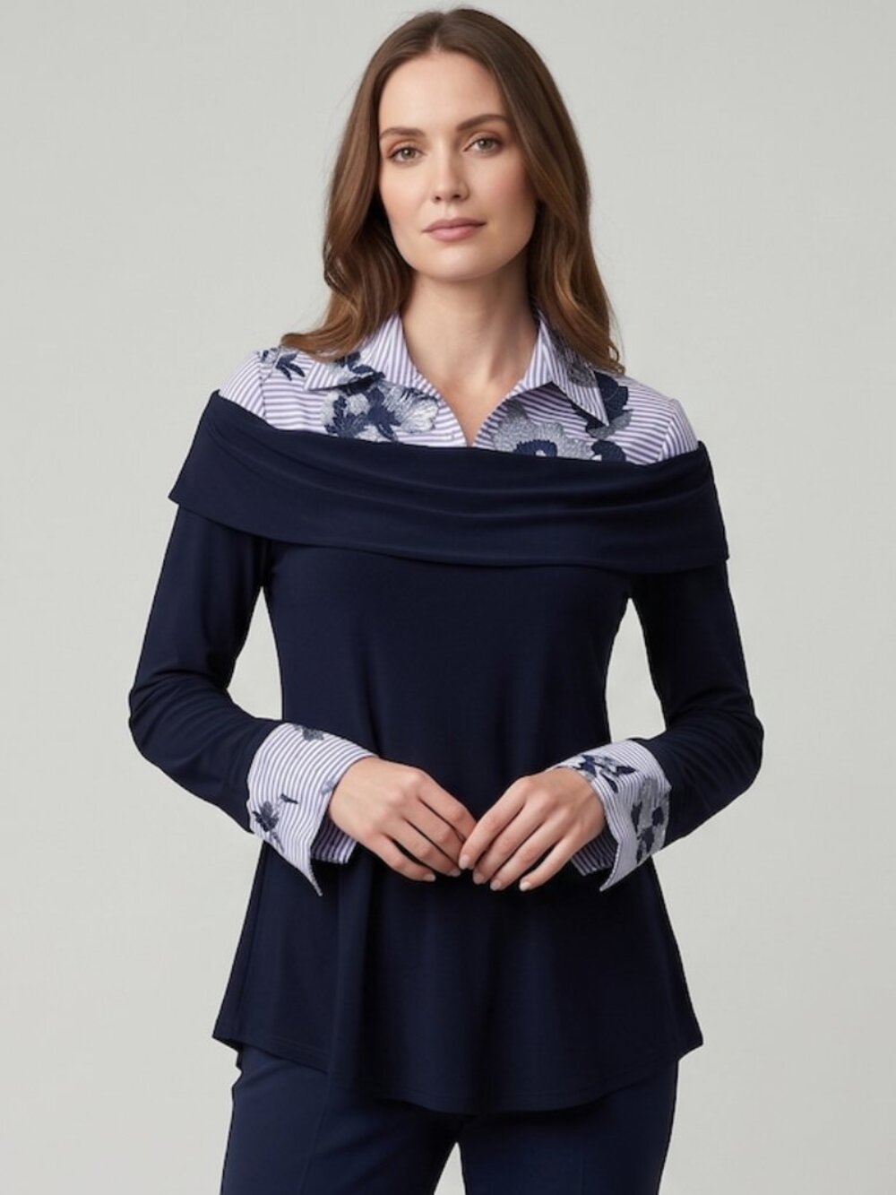 Joseph Ribkoff Navy Layered Tunic Top | Striped Floral Collar & Cuffs